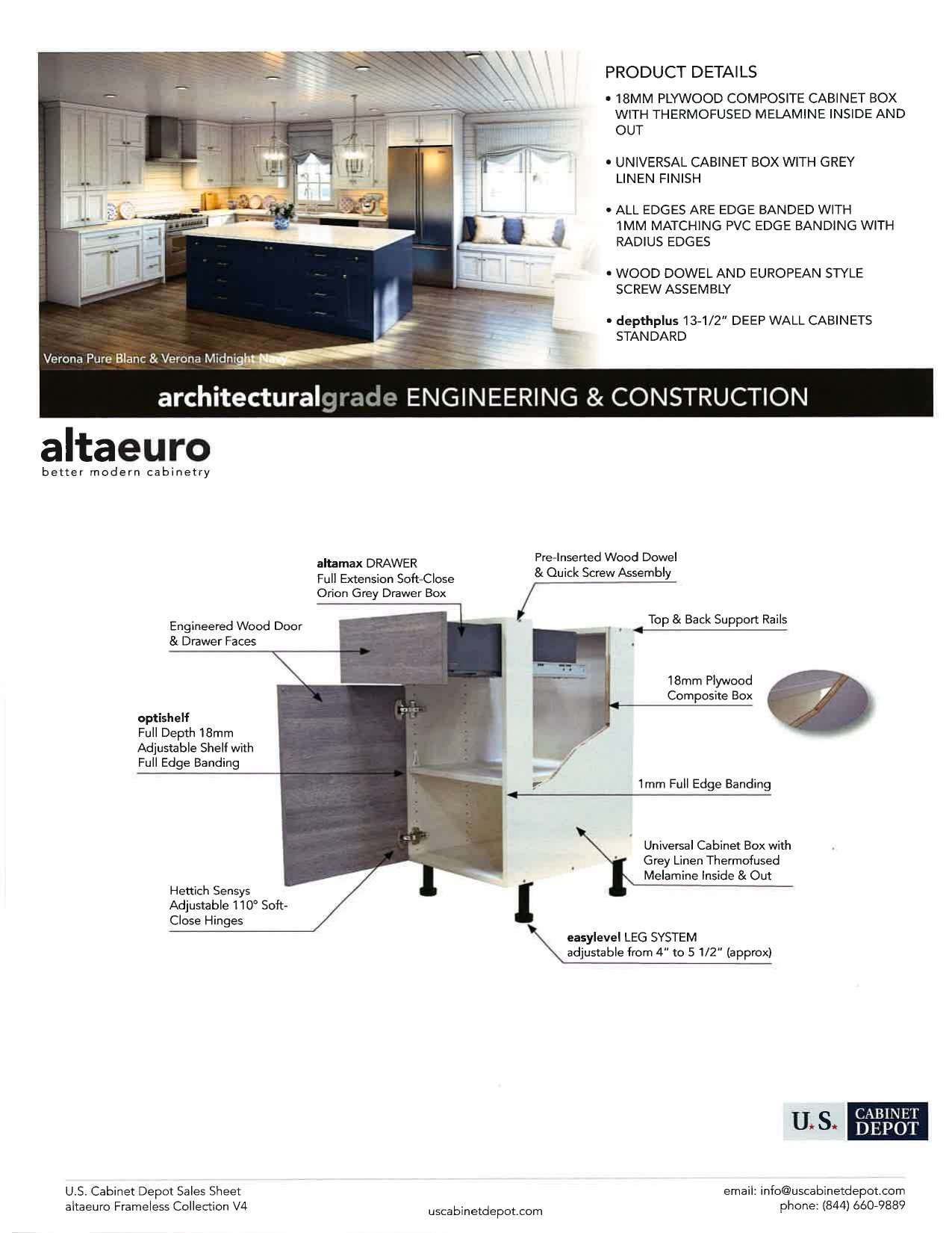 altaeuro frameless cabinet box construction diagram showing 18mm plywood composite, soft-close hinges, and leveling legs