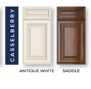 Raised panel cabinet door in Antique White and Saddle finishes