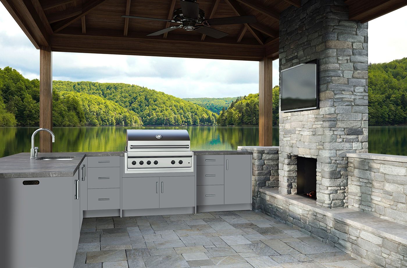 Outdoor cabinetry finish paired with a waterfront fireplace and entertaining area