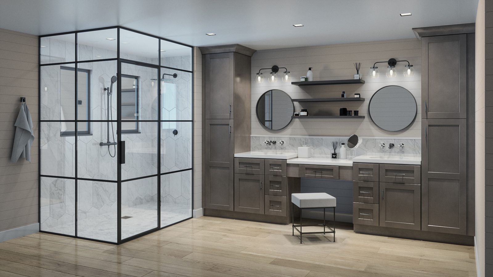 Bathroom vanity with quartz countertop coordinated to cabinet finish