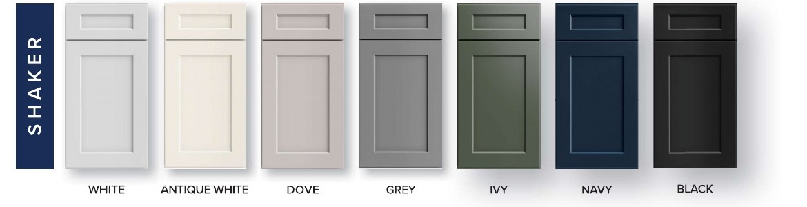 US Cabinet Depot shaker door in white, antique white, dove, grey, ivy, navy and black