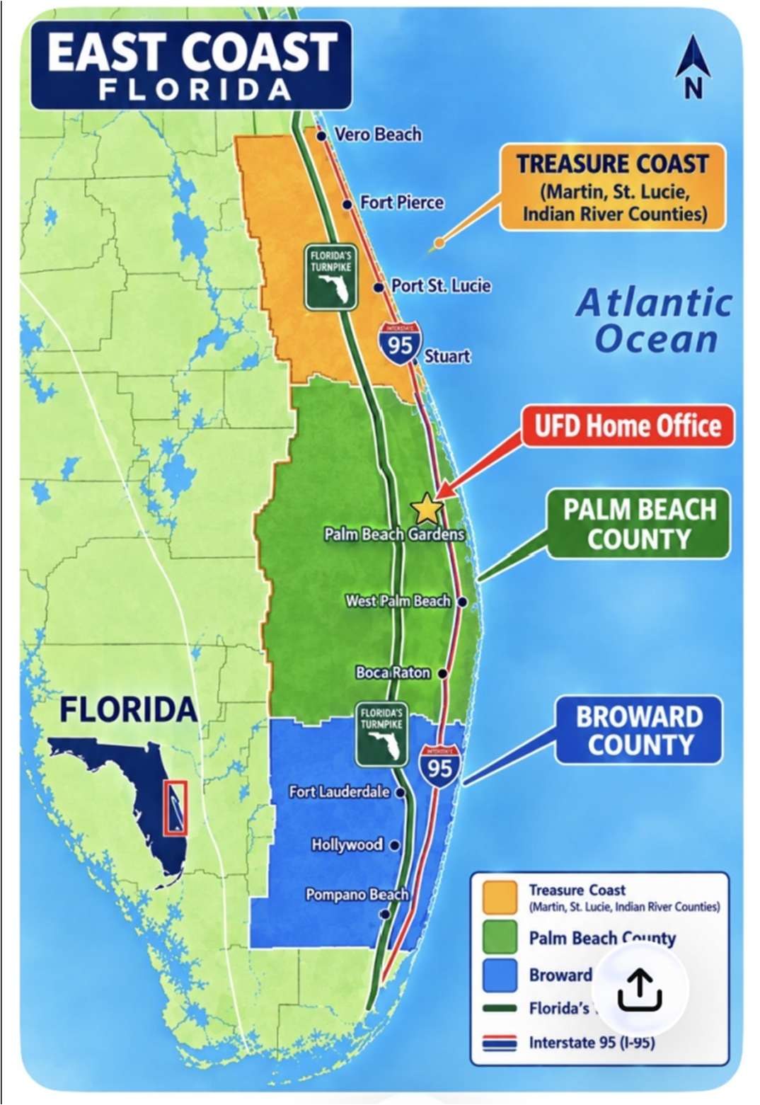 Map of UFD service area: Treasure Coast, Palm Beach County and Broward County