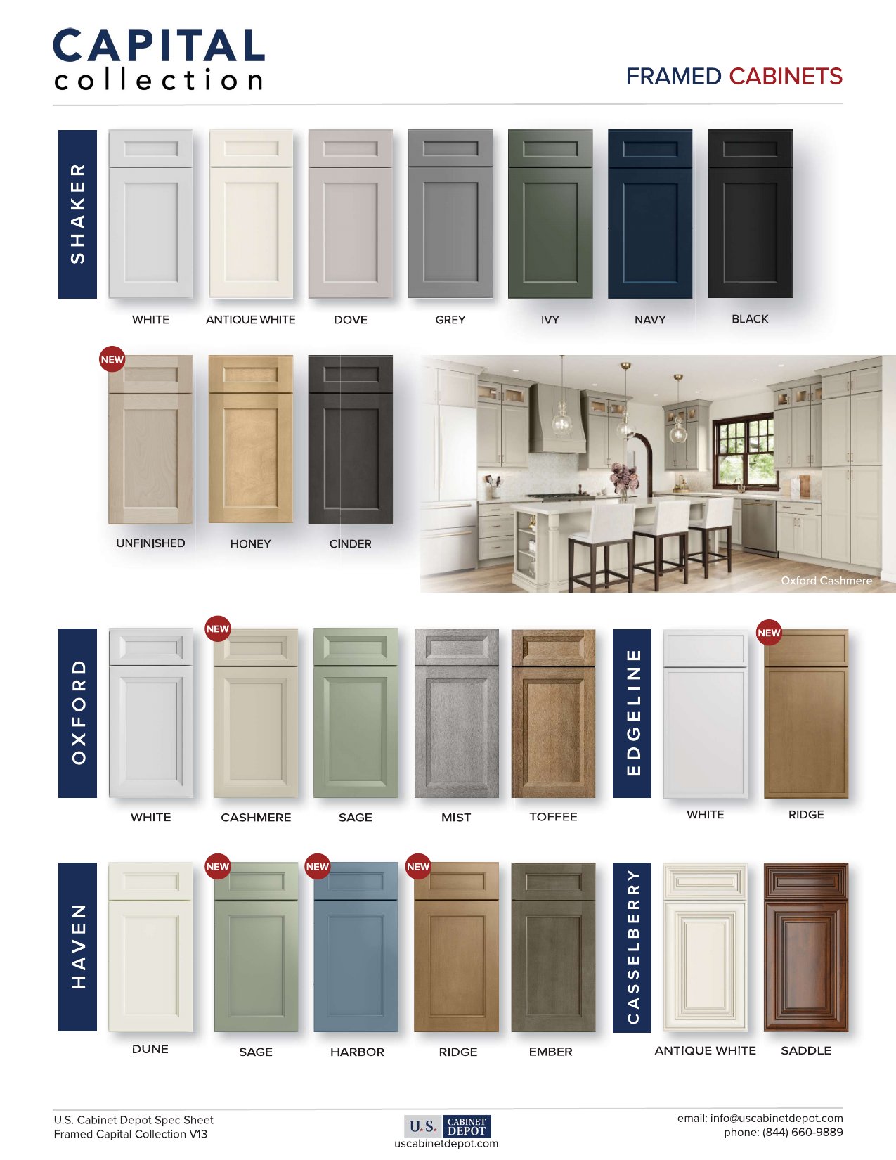 Full Capital Collection specification sheet with all five framed door styles and finishes