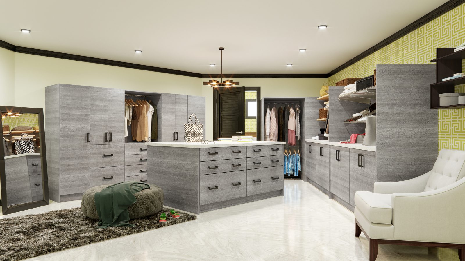 Custom closet and dressing room cabinet system installed in a West Palm Beach primary suite