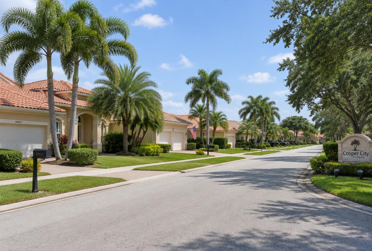 A tree-lined residential street in Cooper City, FL, where Universal Factory Direct installs kitchen cabinets