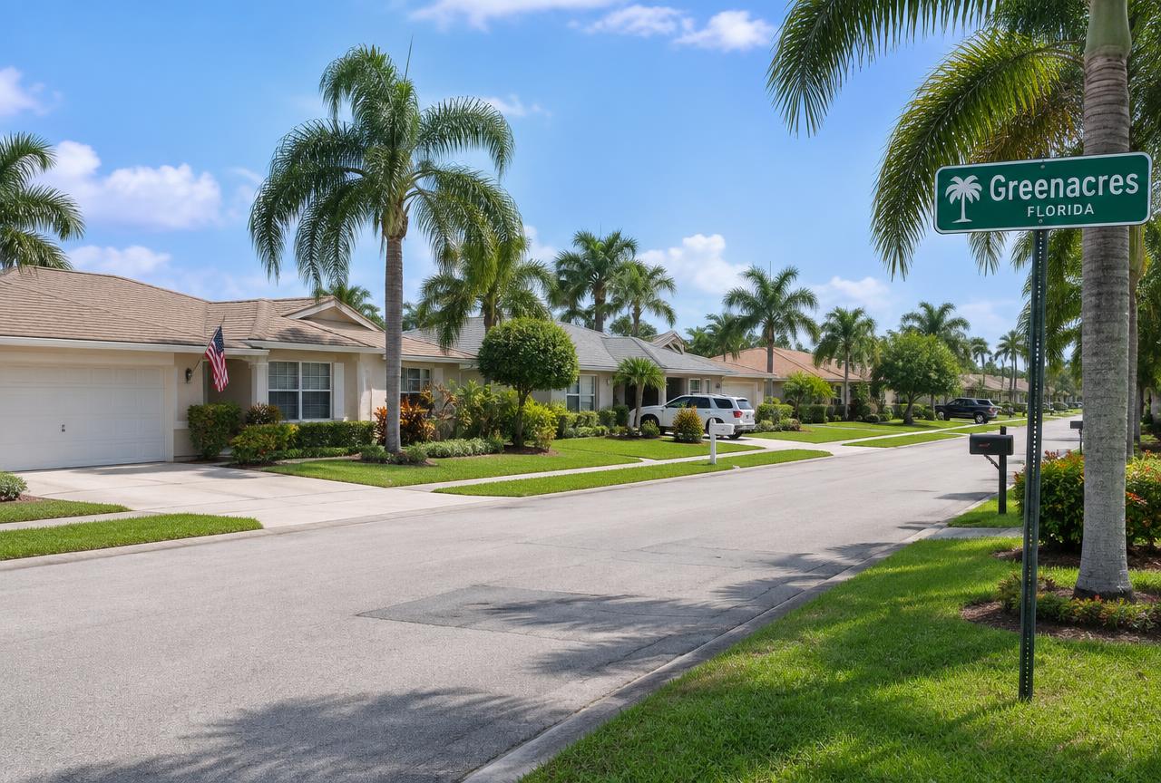 A palm-lined neighborhood street in Greenacres, FL, where Universal Factory Direct installs kitchen cabinets
