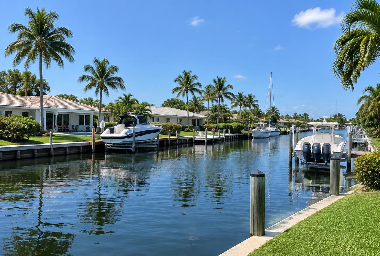 A boat-lined residential canal in North Palm Beach, FL, where Universal Factory Direct installs kitchen cabinets